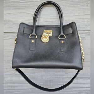 Michael Kors Black Leather Hamilton Satchel with Gold Accents